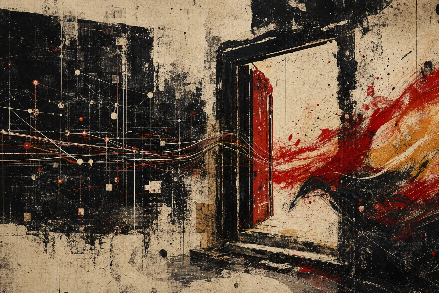 Abstract graffiti composition for the section “The internet that ended at the door”