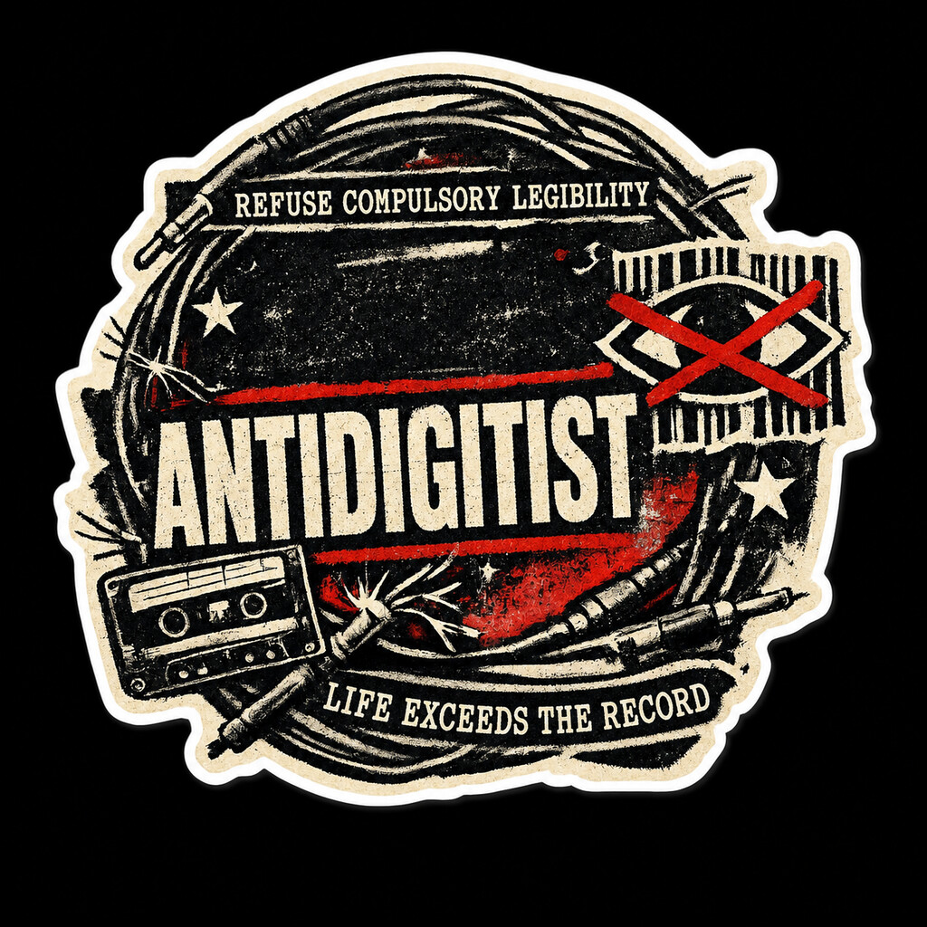Antidigitist badge with a crossed-out eye, cassette, and cables