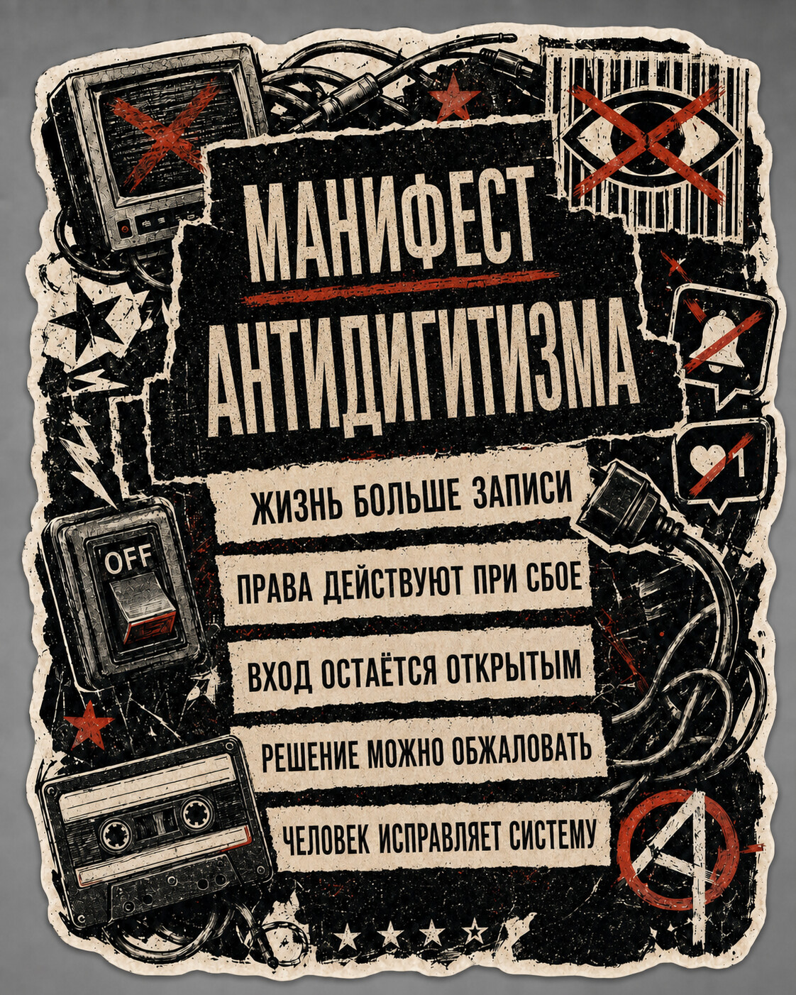 Russian Antidigitism manifesto collage with a switch, cassette, and crossed-out screens